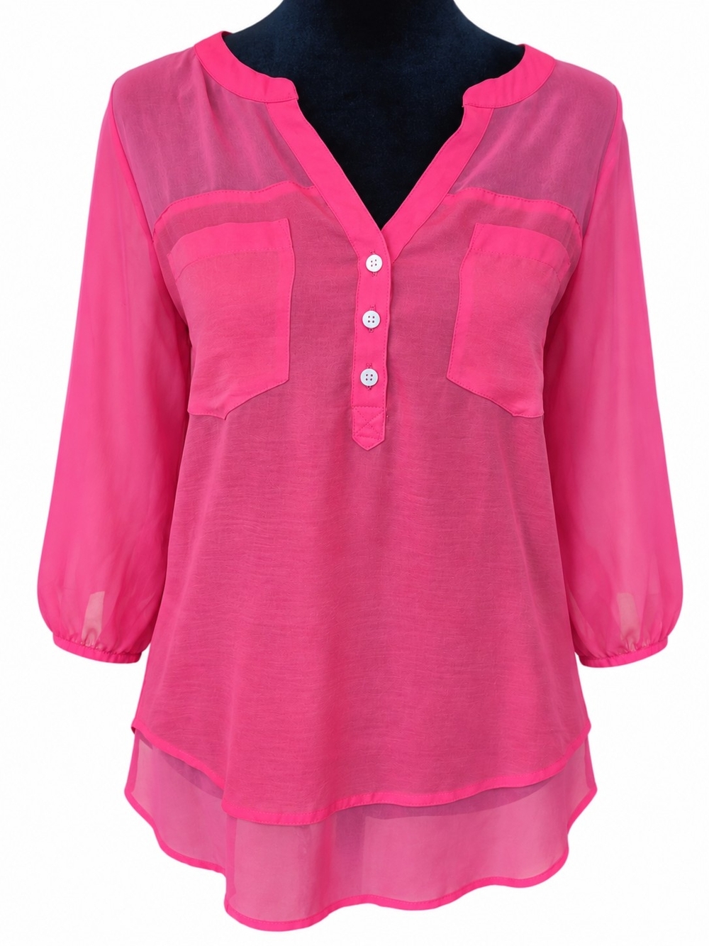 Express Women’s M Hot Pink Sheer High Low Henley Blouse Roll Tab Sleeve
